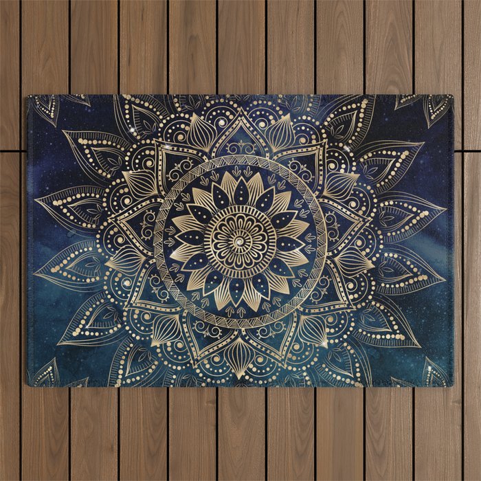 Elegant Gold Mandala Blue Galaxy Outdoor Rug Gallery Image 1