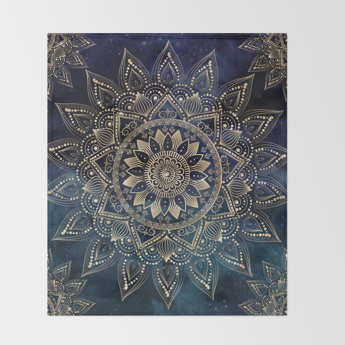 Elegant Gold Mandala Blue Galaxy Throw Blanket Gallery Image 2