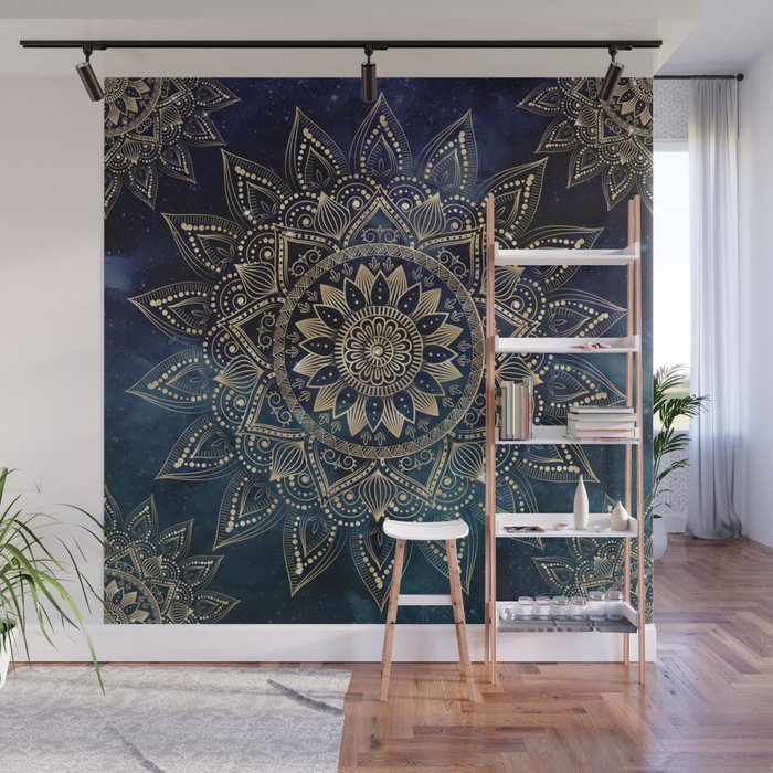 Elegant Gold Mandala Blue Galaxy Wall Mural Gallery Image 1