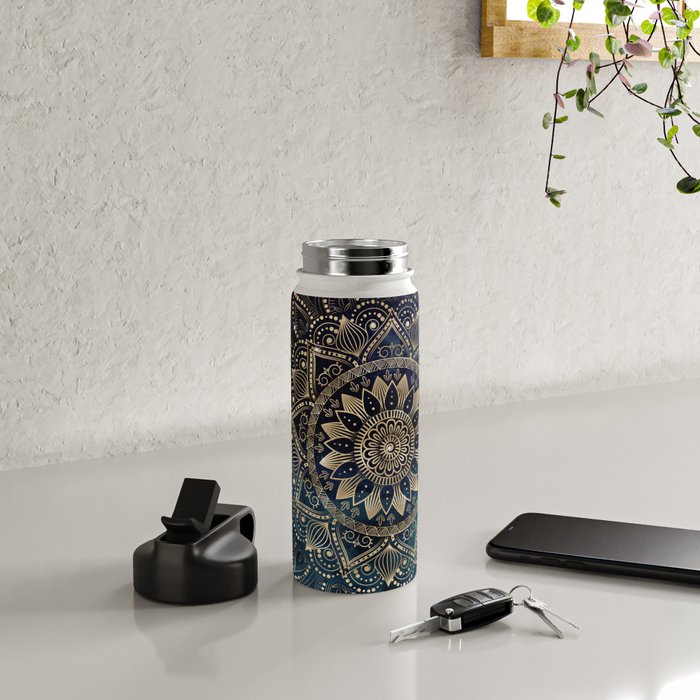 Elegant Gold Mandala Blue Galaxy Water Bottle Gallery Image 4