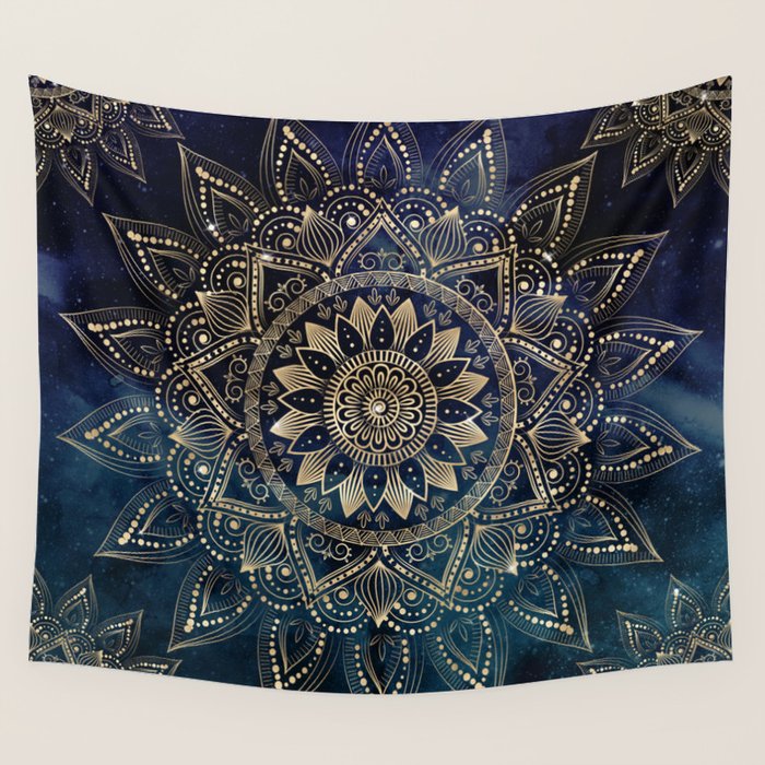 Elegant Gold Mandala Blue Galaxy Wall Tapestry Gallery Image 4
