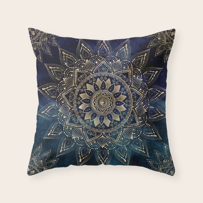 Elegant Gold Mandala Blue Galaxy Throw Pillow Gallery Image 1
