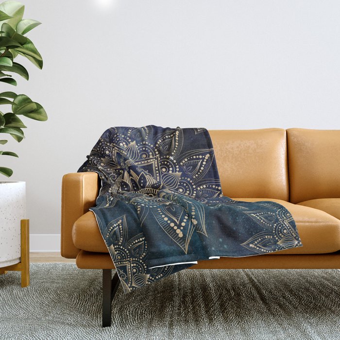 Elegant Gold Mandala Blue Galaxy Throw Blanket Gallery Image 1