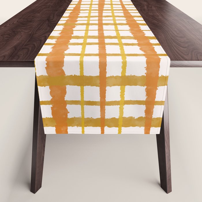 Hygge Retro Stripe Painted Plaid Pattern Orange Mustard Cream Table Runner Gallery Image 1