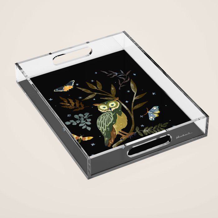 Moonlit Owl and Fluttering Moths Acrylic Tray Gallery Image 1