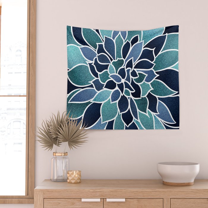 Festive, Flower Bloom, Navy Blue and Teal Wall Tapestry Gallery Image 2