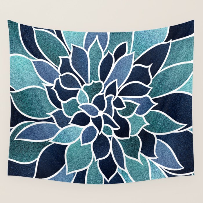 Festive, Flower Bloom, Navy Blue and Teal Wall Tapestry Gallery Image 4
