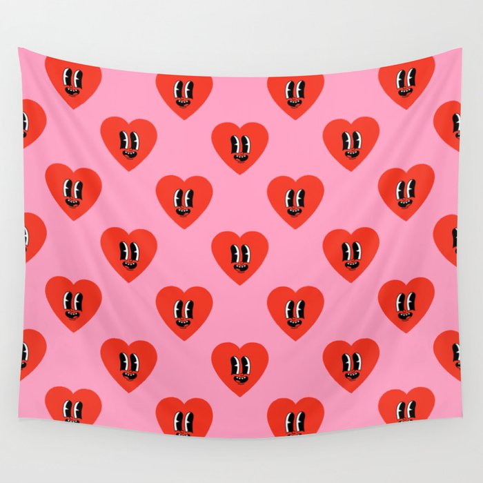 Funny retro love heart cartoon pattern Wall Tapestry Gallery Image 1