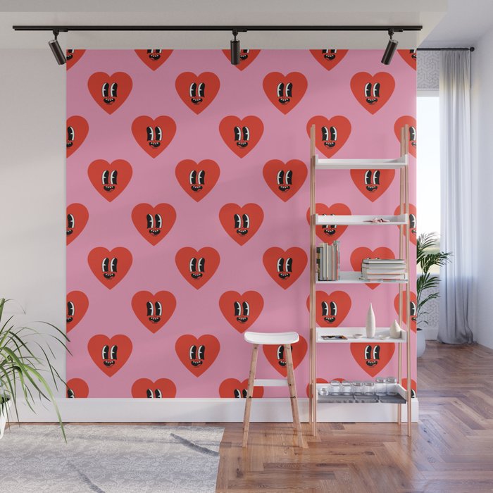 Funny retro love heart cartoon pattern Wall Mural Gallery Image 1