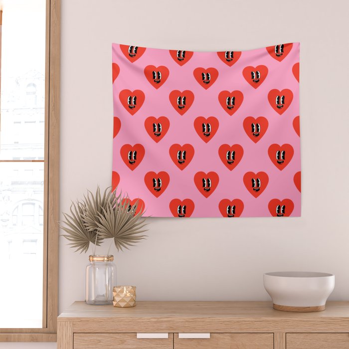 Funny retro love heart cartoon pattern Wall Tapestry Gallery Image 2