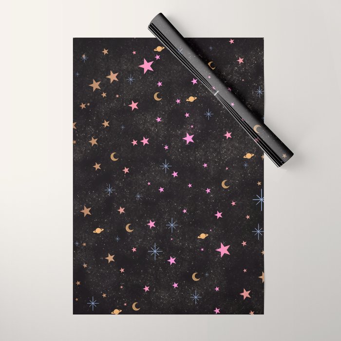Spaces pattern with colourful stars moons and planets  Wrapping Paper Gallery Image 1