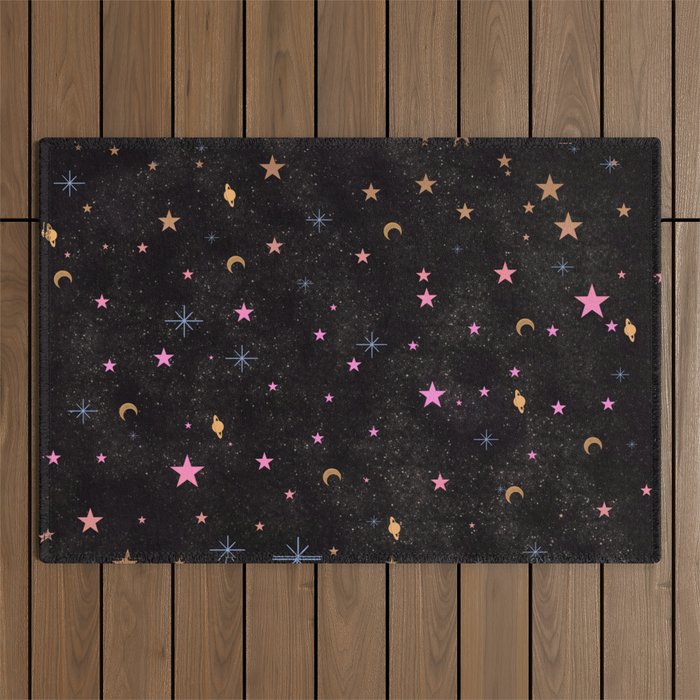 Spaces pattern with colourful stars moons and planets  Outdoor Rug Gallery Image 1