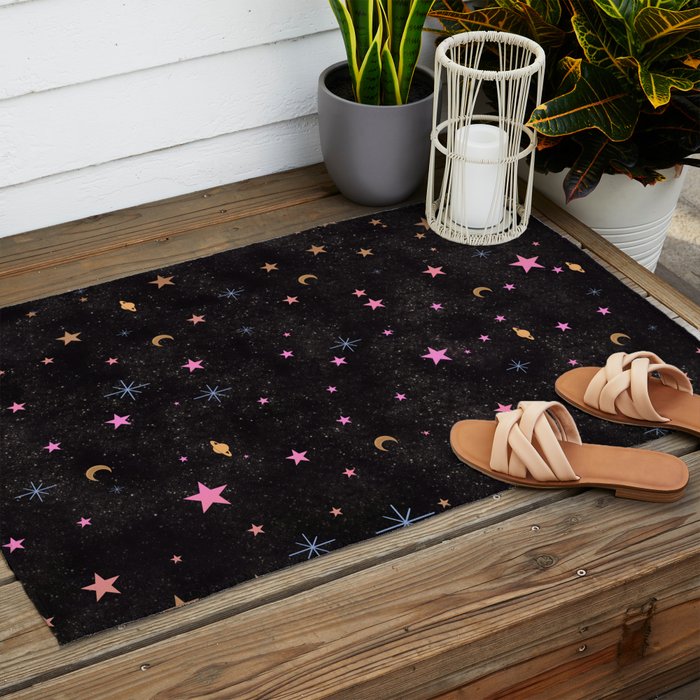 Spaces pattern with colourful stars moons and planets  Outdoor Rug Gallery Image 2