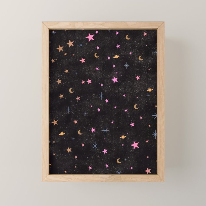 Spaces pattern with colourful stars moons and planets  Mini Art Print Gallery Image 1