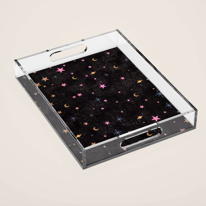 Spaces pattern with colourful stars moons and planets  Acrylic Tray Gallery Image 1