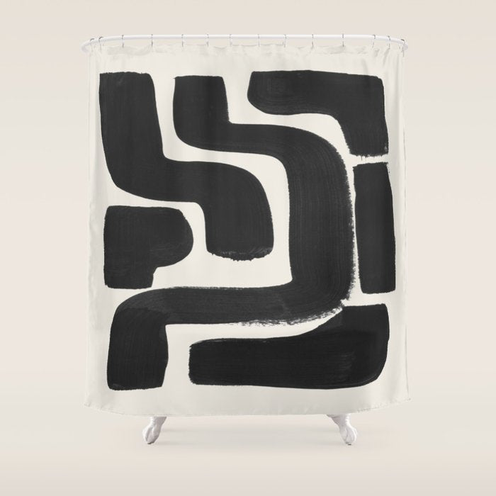 Black Ink Paint Brush Strokes Abstract Organic Pattern Mid Century Style Shower Curtain Gallery Image 1
