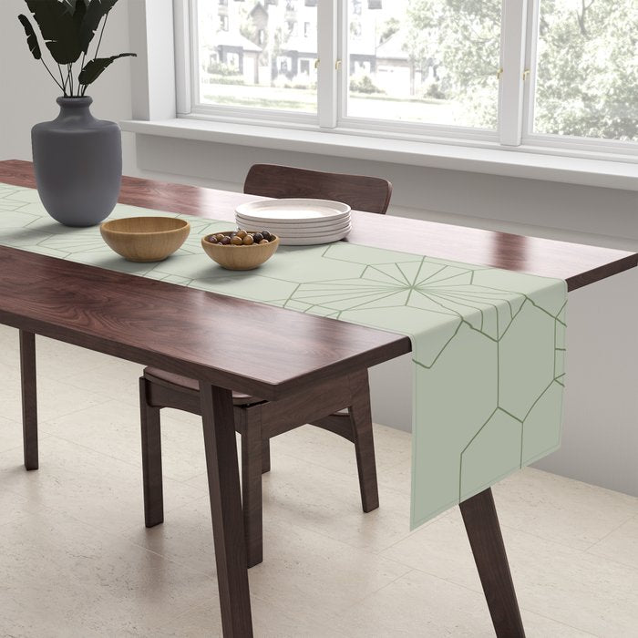 Geometric flowers light sage green pattern Table Runner Gallery Image 2