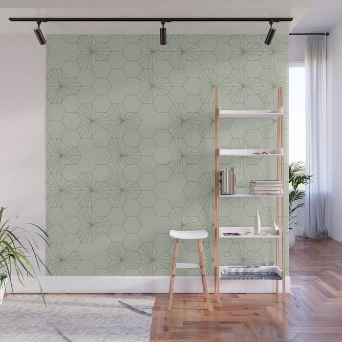 Geometric flowers light sage green pattern Wall Mural Gallery Image 1