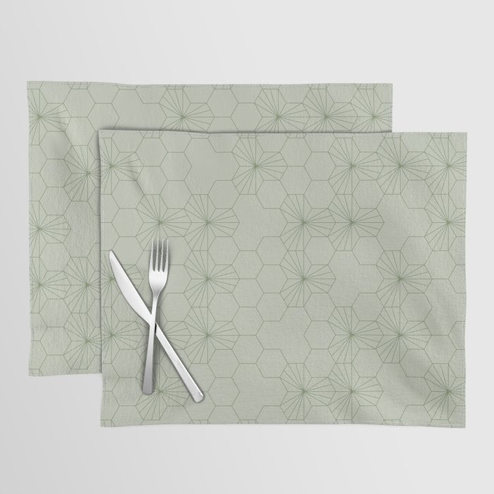 Geometric flowers light sage green pattern Placemat Gallery Image 1