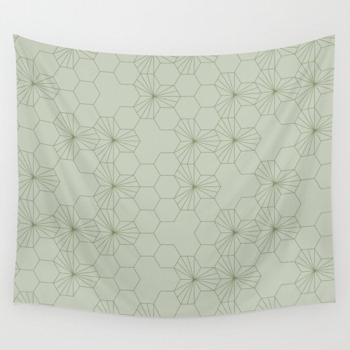 Geometric flowers light sage green pattern Wall Tapestry Gallery Image 1
