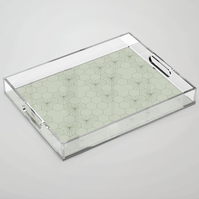 Geometric flowers light sage green pattern Acrylic Tray Gallery Image 1