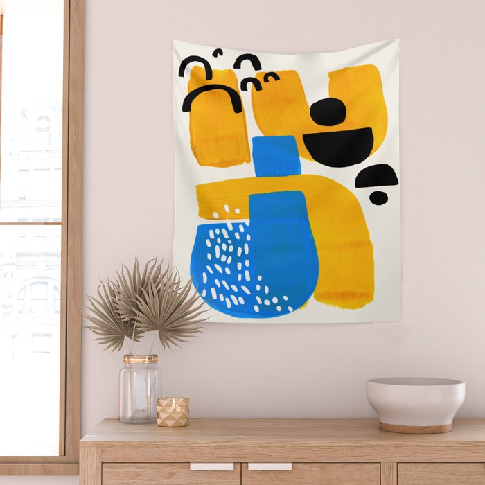 Mid Century Modern abstract Minimalist Fun Colorful Shapes Patterns Ikea Yellow & Blue Wall Tapestry Gallery Image 2
