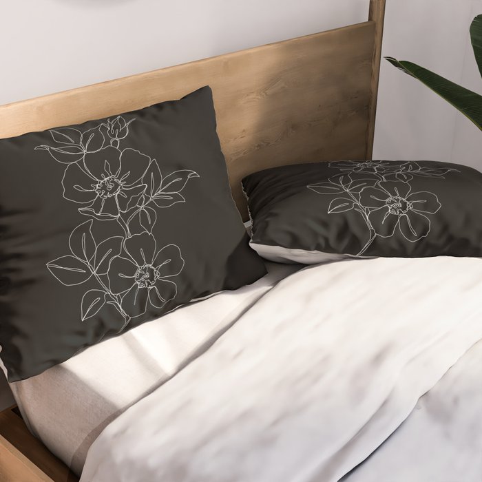 Botanical illustration one line drawing - Rose Black Pillow Sham Gallery Image 2