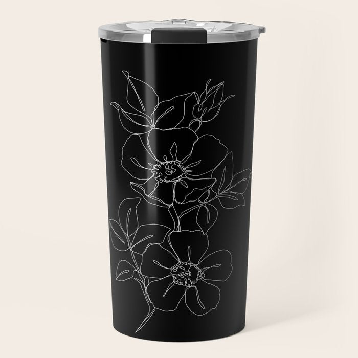 Botanical illustration one line drawing - Rose Black Travel Mug Gallery Image 1