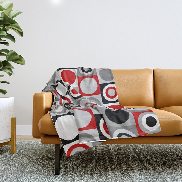 Mid Century Modern Geometric Square and Circle Pattern // Red, Gray, Black and White Throw Blanket Gallery Image 1