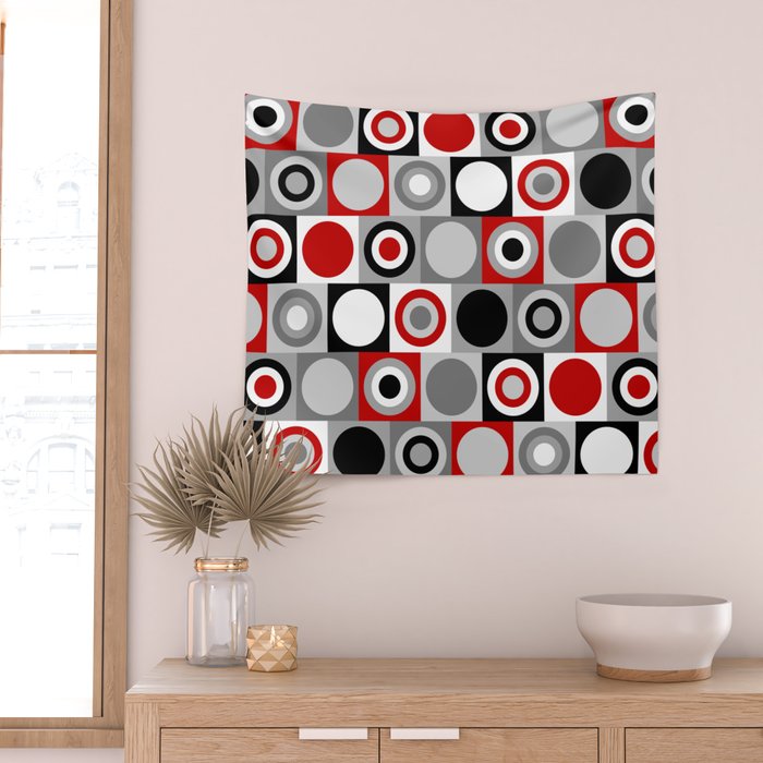 Mid Century Modern Geometric Square and Circle Pattern // Red, Gray, Black and White Wall Tapestry Gallery Image 2