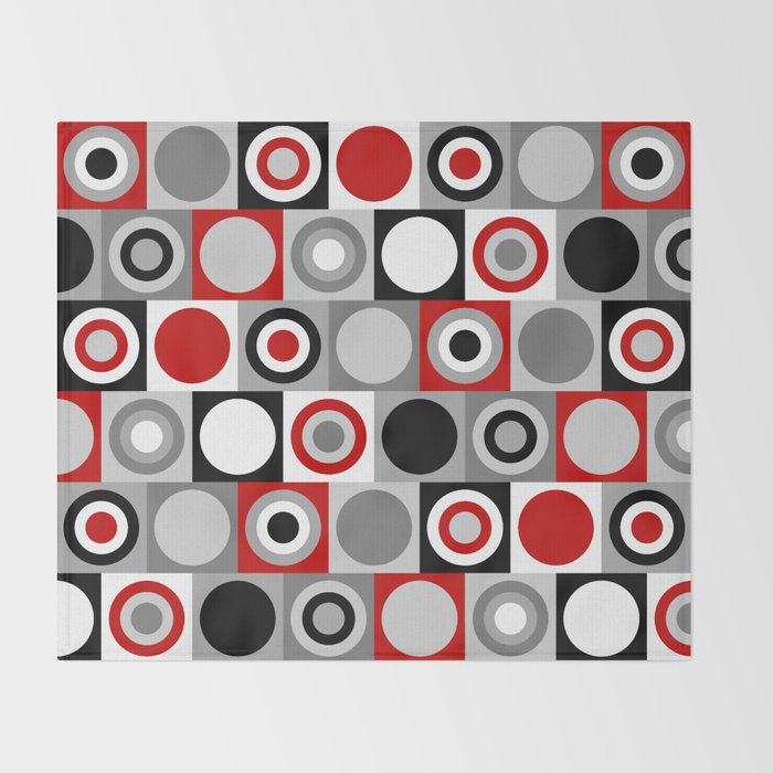 Mid Century Modern Geometric Square and Circle Pattern // Red, Gray, Black and White Throw Blanket Gallery Image 2