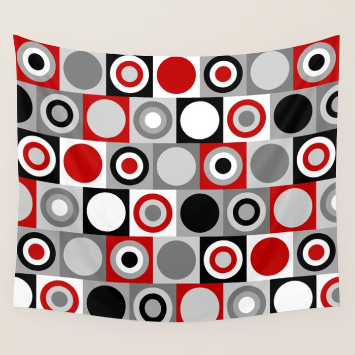 Mid Century Modern Geometric Square and Circle Pattern // Red, Gray, Black and White Wall Tapestry Gallery Image 4
