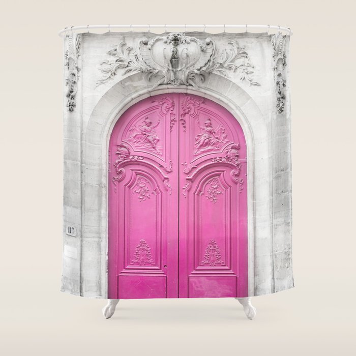 Pink Paris Door - Travel Photography, Building in Paris Shower Curtain Gallery Image 1