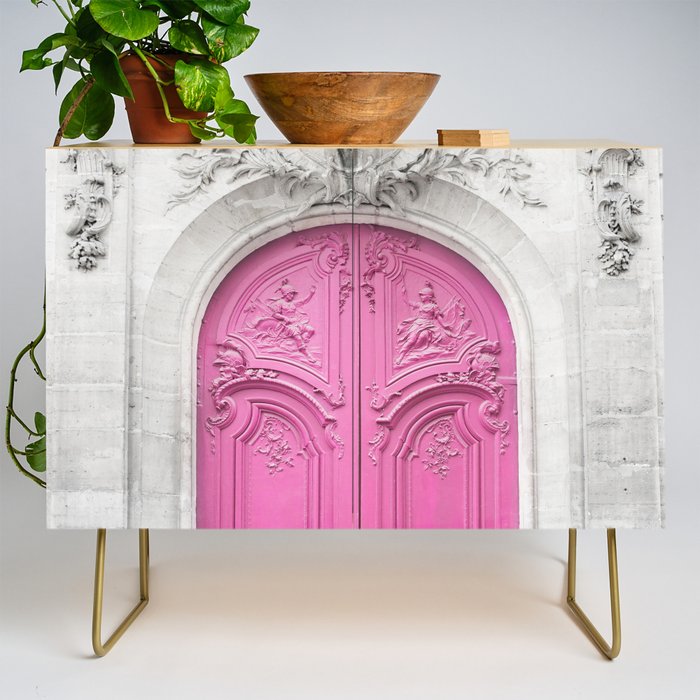 Pink Paris Door - Travel Photography, Building in Paris Credenza Gallery Image 1
