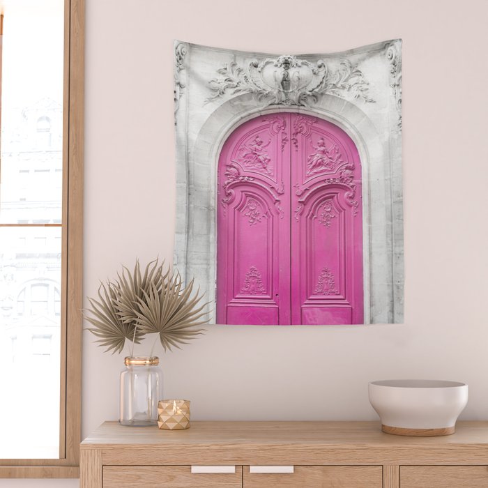 Pink Paris Door - Travel Photography, Building in Paris Wall Tapestry Gallery Image 2
