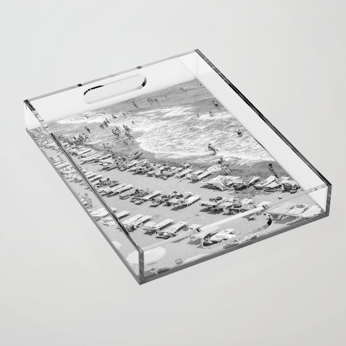 Beach Day in Italy | Black and White Travel Photography in Europe Art Print | Summer on the Coast in Naples Acrylic Tray Gallery Image 1
