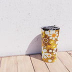 Retro Garden Flowers Groovy 60s 70s Floral Pattern Ochre Yellow Orange Brown Travel Mug Gallery Image 4