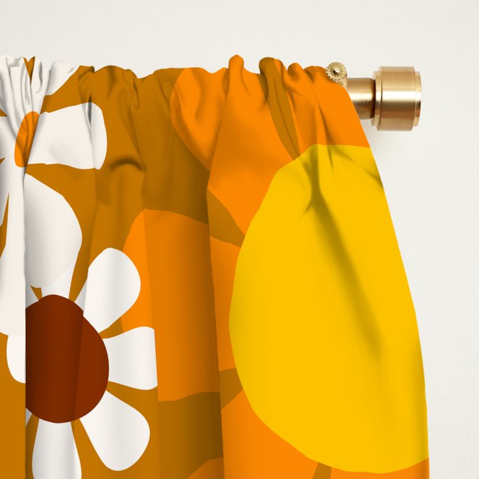 Retro Garden Flowers Groovy 60s 70s Floral Pattern Ochre Yellow Orange Brown Window Curtain Gallery Image 2