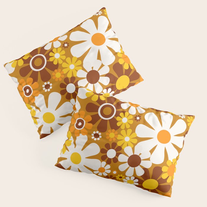Retro Garden Flowers Groovy 60s 70s Floral Pattern Ochre Yellow Orange Brown Pillow Sham Gallery Image 1