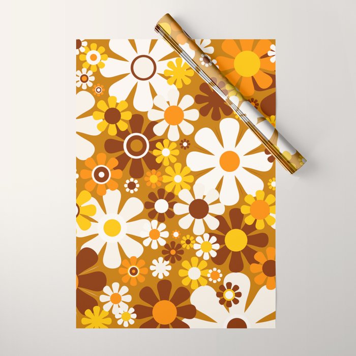 Retro Garden Flowers Groovy 60s 70s Floral Pattern Ochre Yellow Orange Brown Wrapping Paper Gallery Image 1