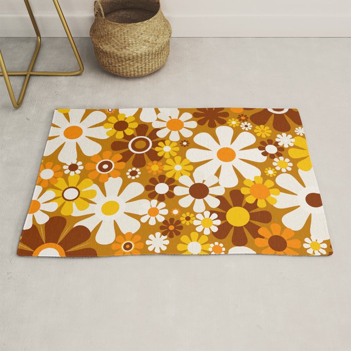 Retro Garden Flowers Groovy 60s 70s Floral Pattern Ochre Yellow Orange Brown Rug Gallery Image 1