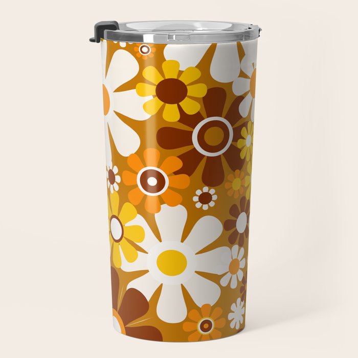 Retro Garden Flowers Groovy 60s 70s Floral Pattern Ochre Yellow Orange Brown Travel Mug Gallery Image 3