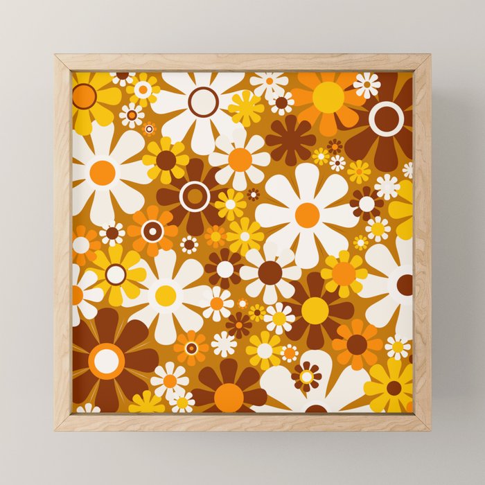Retro Garden Flowers Groovy 60s 70s Floral Pattern Ochre Yellow Orange Brown Mini Art Print Gallery Image 1