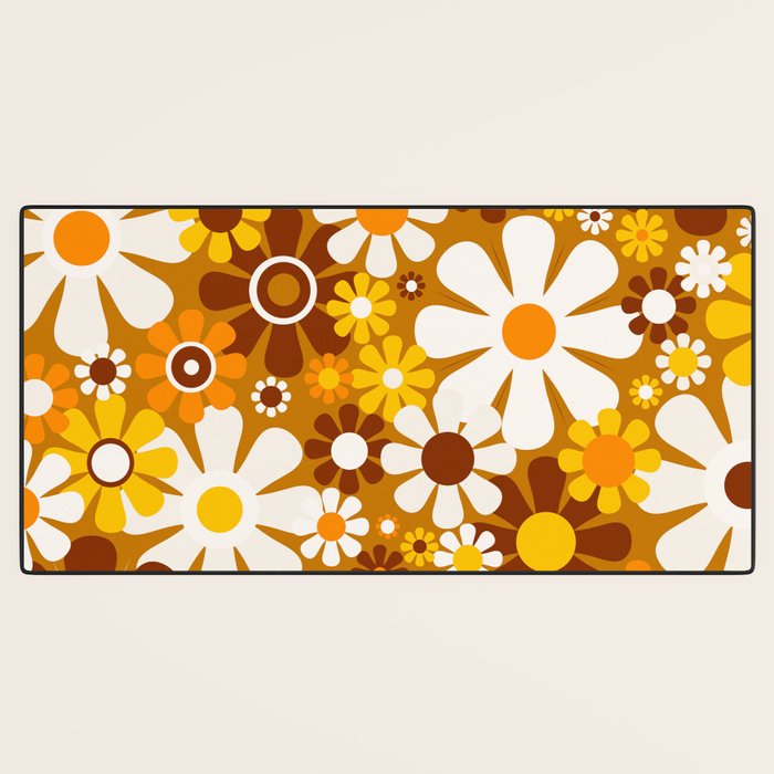 Retro Garden Flowers Groovy 60s 70s Floral Pattern Ochre Yellow Orange Brown Desk Mat Gallery Image 3
