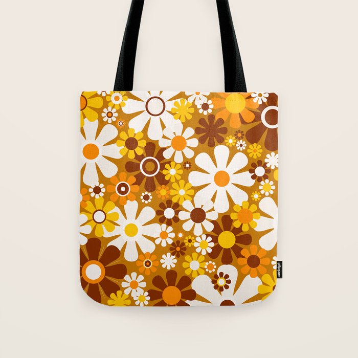 Retro Garden Flowers Groovy 60s 70s Floral Pattern Ochre Yellow Orange Brown Tote Bag Gallery Image 1