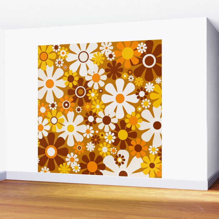 Retro Garden Flowers Groovy 60s 70s Floral Pattern Ochre Yellow Orange Brown Wall Mural Gallery Image 2