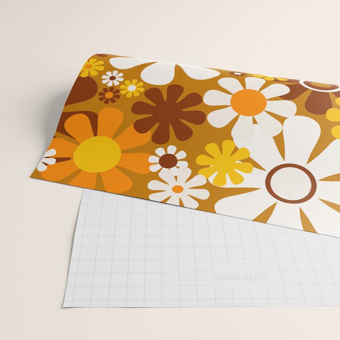 Retro Garden Flowers Groovy 60s 70s Floral Pattern Ochre Yellow Orange Brown Wrapping Paper Gallery Image 2