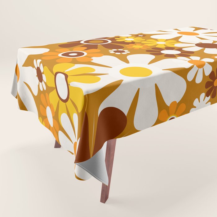 Retro Garden Flowers Groovy 60s 70s Floral Pattern Ochre Yellow Orange Brown Tablecloth Gallery Image 1