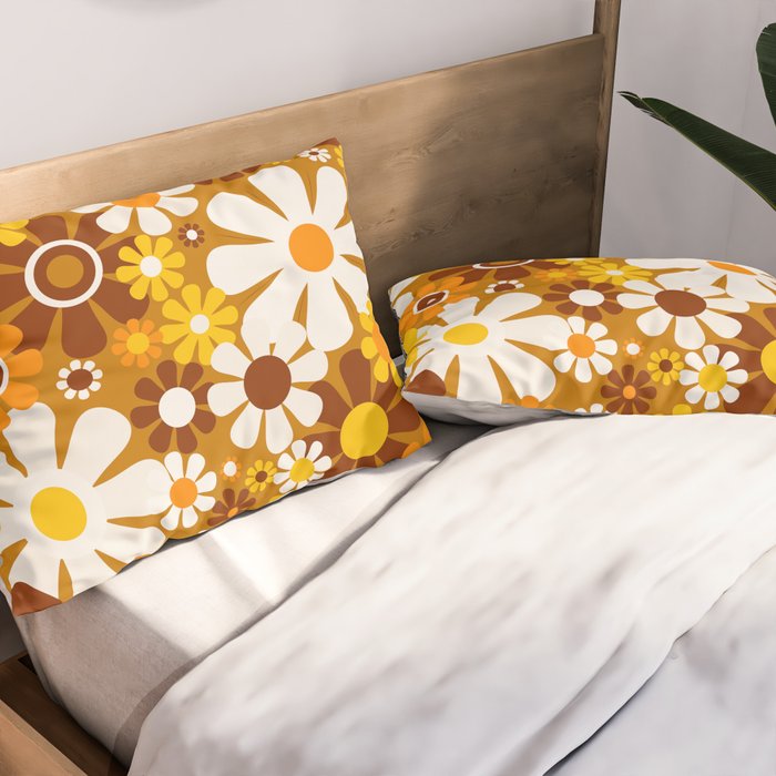 Retro Garden Flowers Groovy 60s 70s Floral Pattern Ochre Yellow Orange Brown Pillow Sham Gallery Image 2
