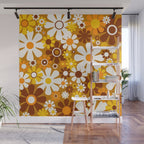 Retro Garden Flowers Groovy 60s 70s Floral Pattern Ochre Yellow Orange Brown Wall Mural Gallery Image 1